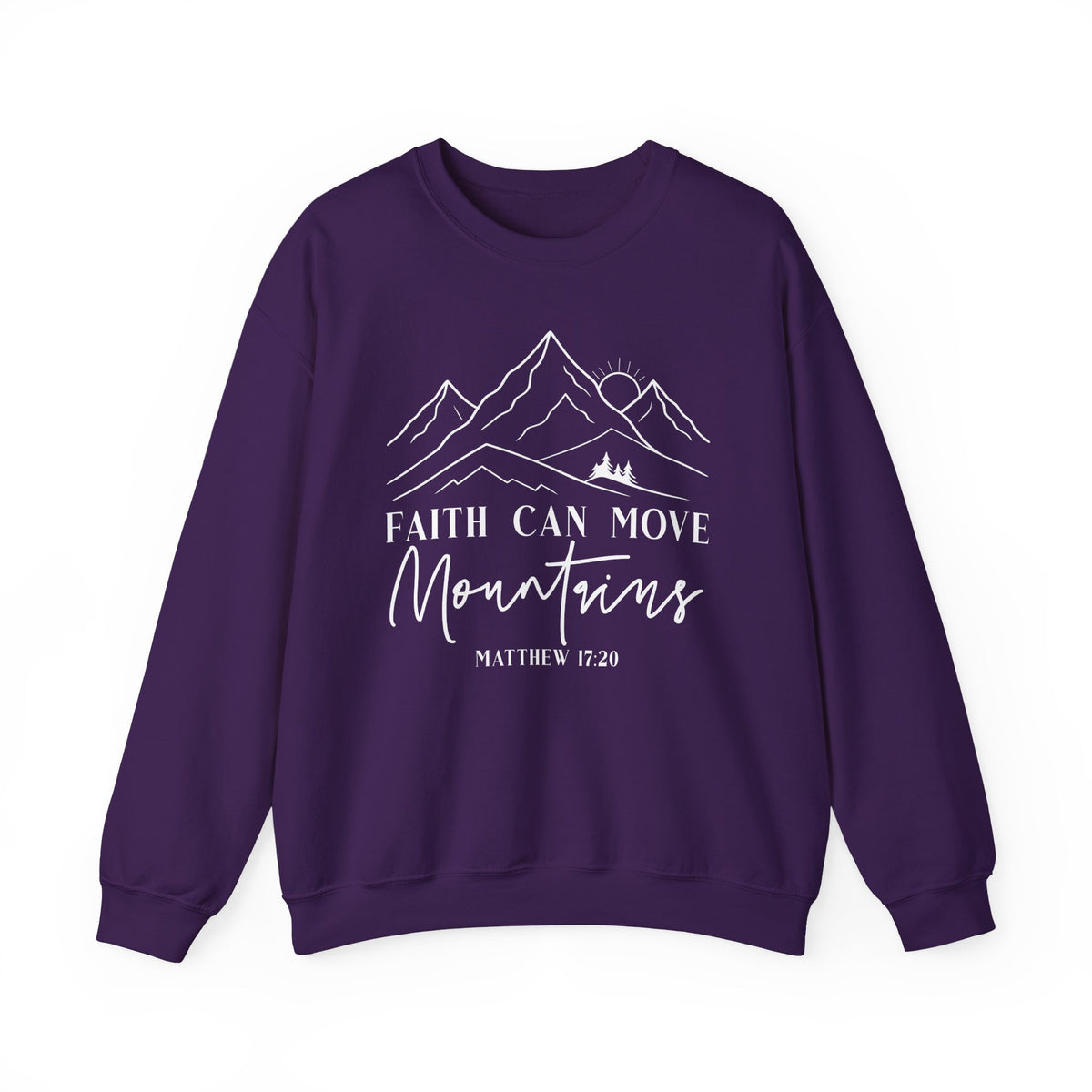 Purple Faith Can Move Mountains sweatshirt with white mountain and sunrise line art