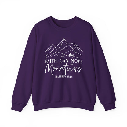 Purple Faith Can Move Mountains sweatshirt with white mountain and sunrise line art