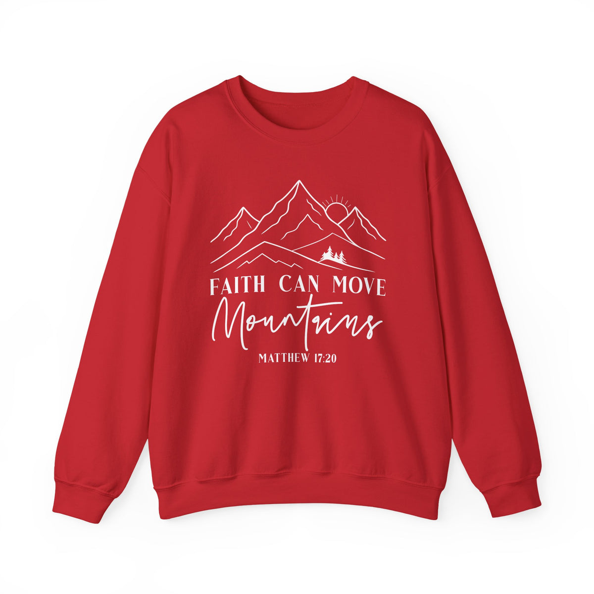 Red Faith Can Move Mountains sweatshirt with white mountain and sunrise line art