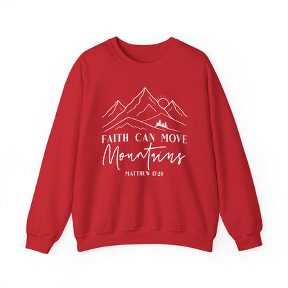 Red Faith Can Move Mountains sweatshirt with white mountain and sunrise line art