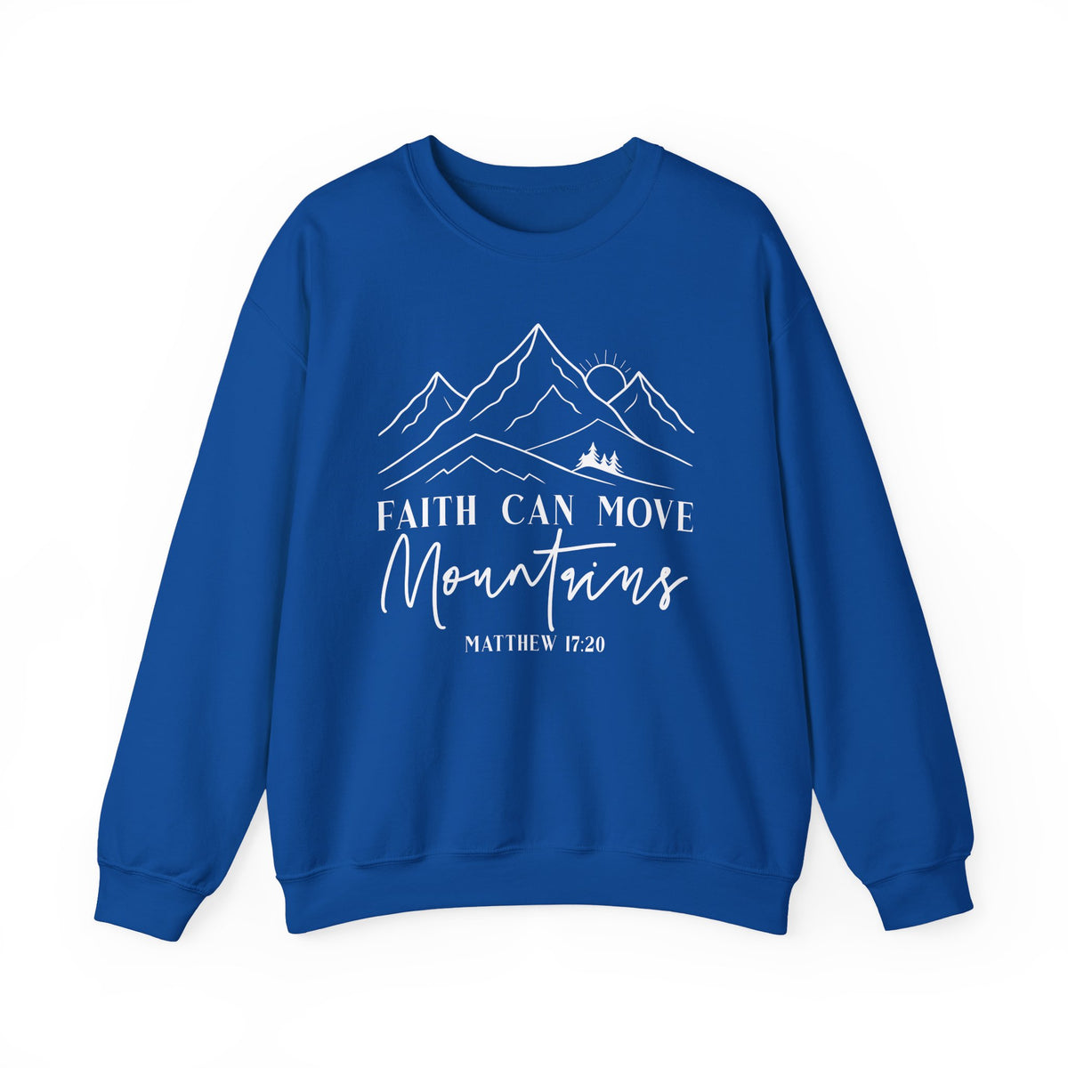 Royal blue Faith Can Move Mountains sweatshirt with white mountain and sunrise line art