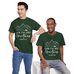 Model wearing the military green Faith Can Move Mountains T-Shirt
