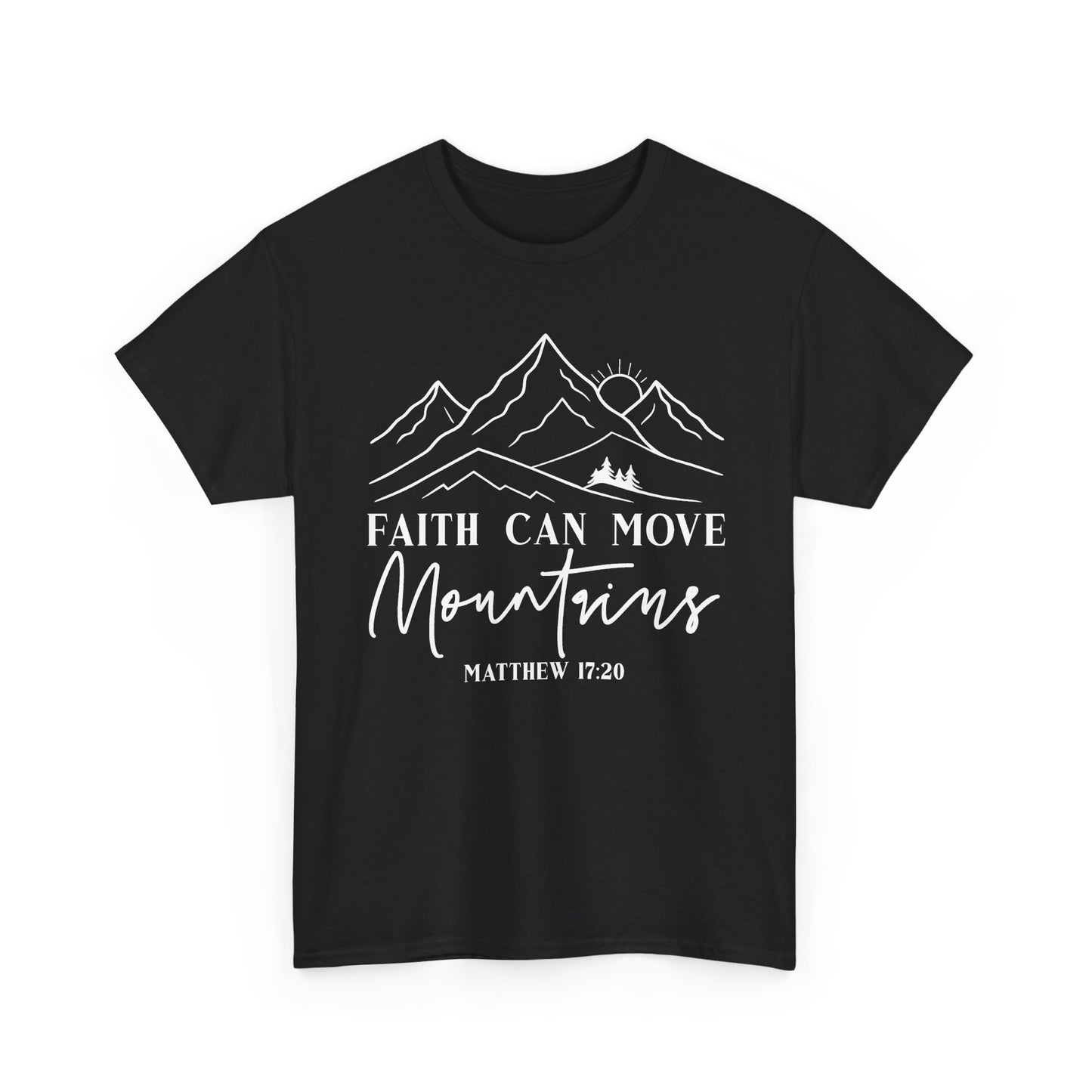 Black Faith Can Move Mountains t-shirt with white mountain and sunrise line art