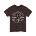 Dark chocolate Faith Can Move Mountains t-shirt with white mountain and sunrise line art