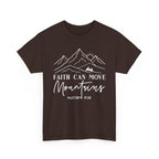 Dark chocolate Faith Can Move Mountains t-shirt with white mountain and sunrise line art