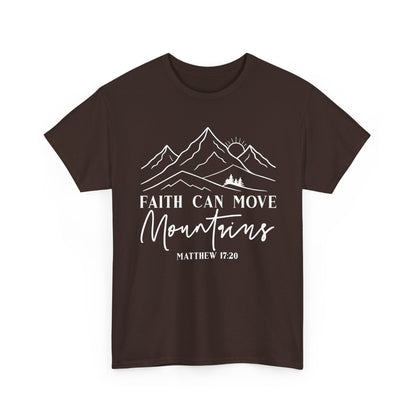 Dark chocolate Faith Can Move Mountains t-shirt with white mountain and sunrise line art