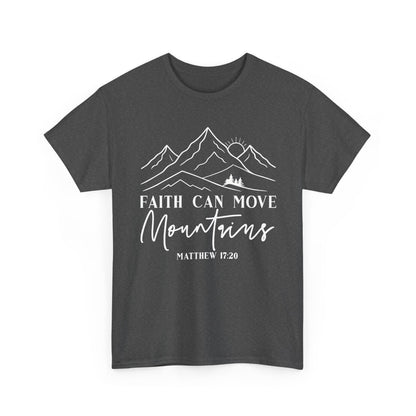 Dark heather Faith Can Move Mountains t-shirt with white mountain and sunrise line art