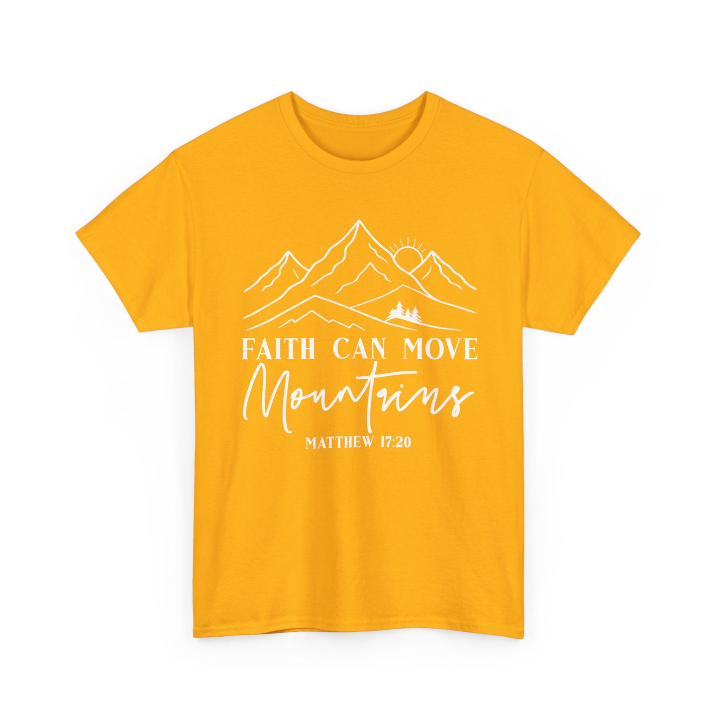 Gold Faith Can Move Mountains t-shirt with white mountain and sunrise line art