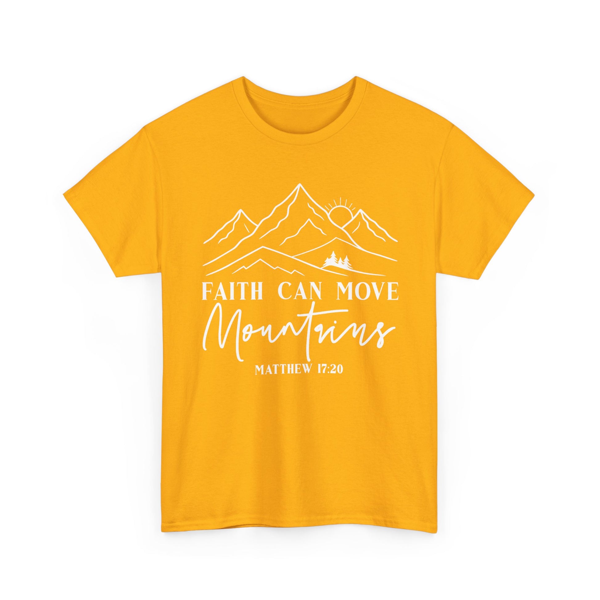Gold Faith Can Move Mountains t-shirt with white mountain and sunrise line art