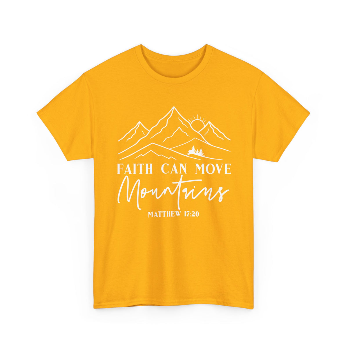 Gold Faith Can Move Mountains t-shirt with white mountain and sunrise line art
