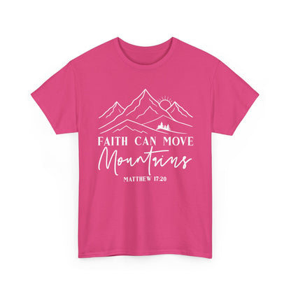 Heliconia pink Faith Can Move Mountains t-shirt with white mountain and sunrise line art