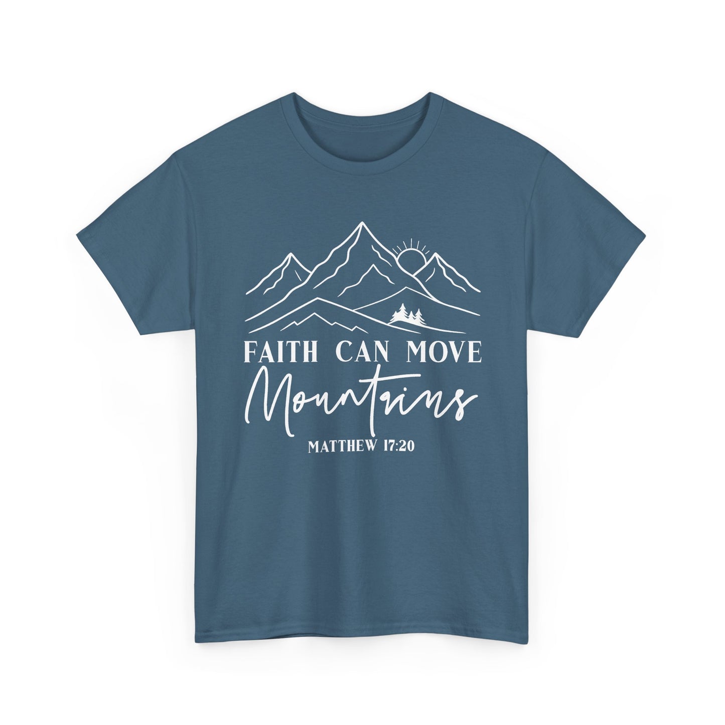 Indigo blue Faith Can Move Mountains t-shirt with white mountain and sunrise line art