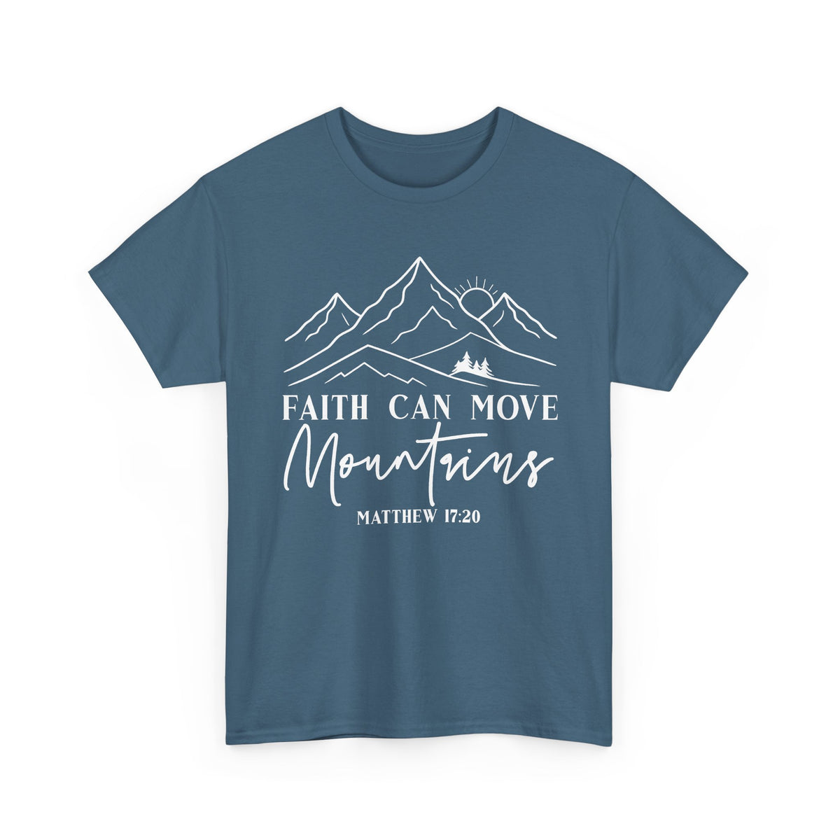 Indigo blue Faith Can Move Mountains t-shirt with white mountain and sunrise line art
