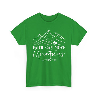 Irish green Faith Can Move Mountains t-shirt with white mountain and sunrise line art