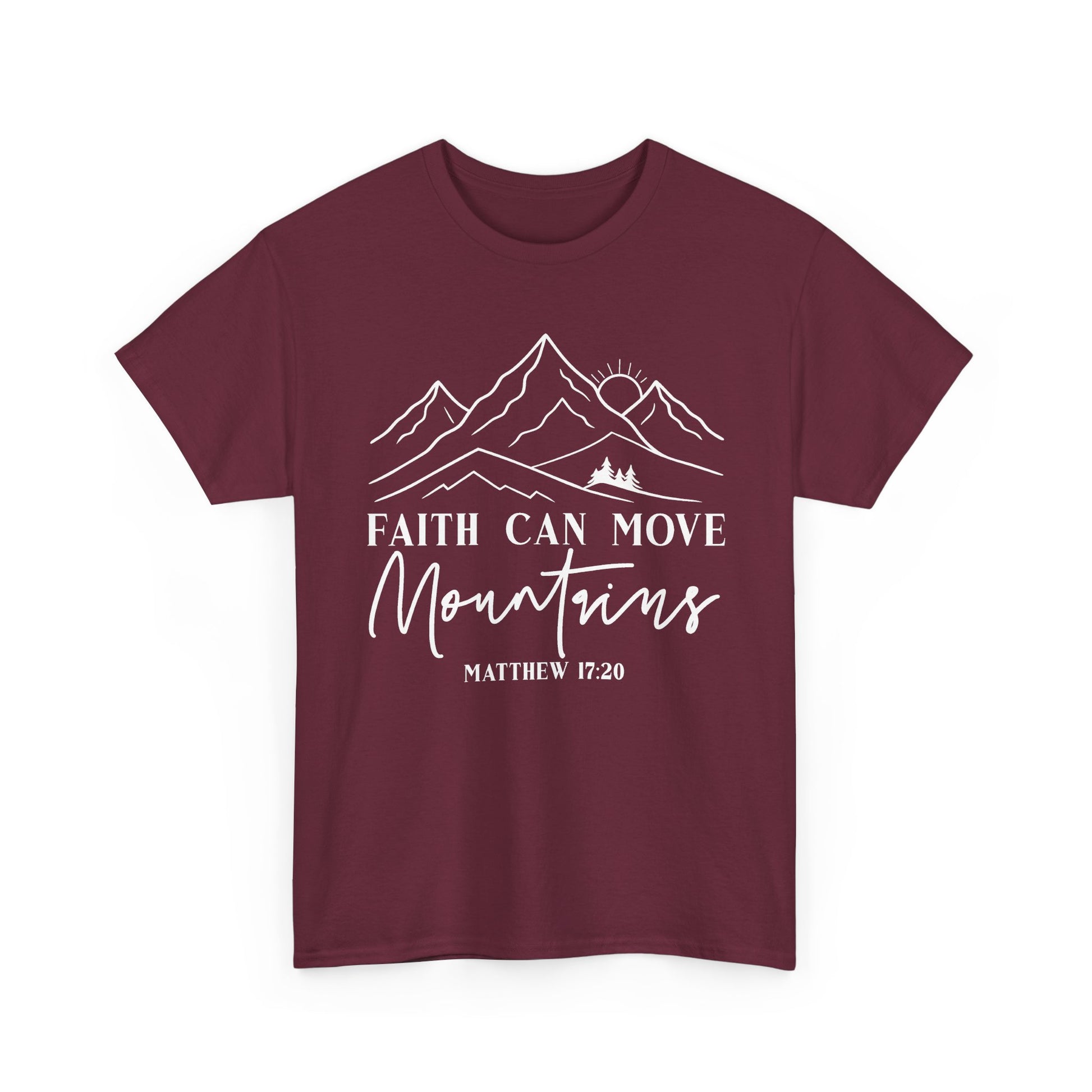 Maroon Faith Can Move Mountains t-shirt with white mountain and sunrise line art