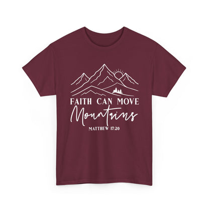 Maroon Faith Can Move Mountains t-shirt with white mountain and sunrise line art