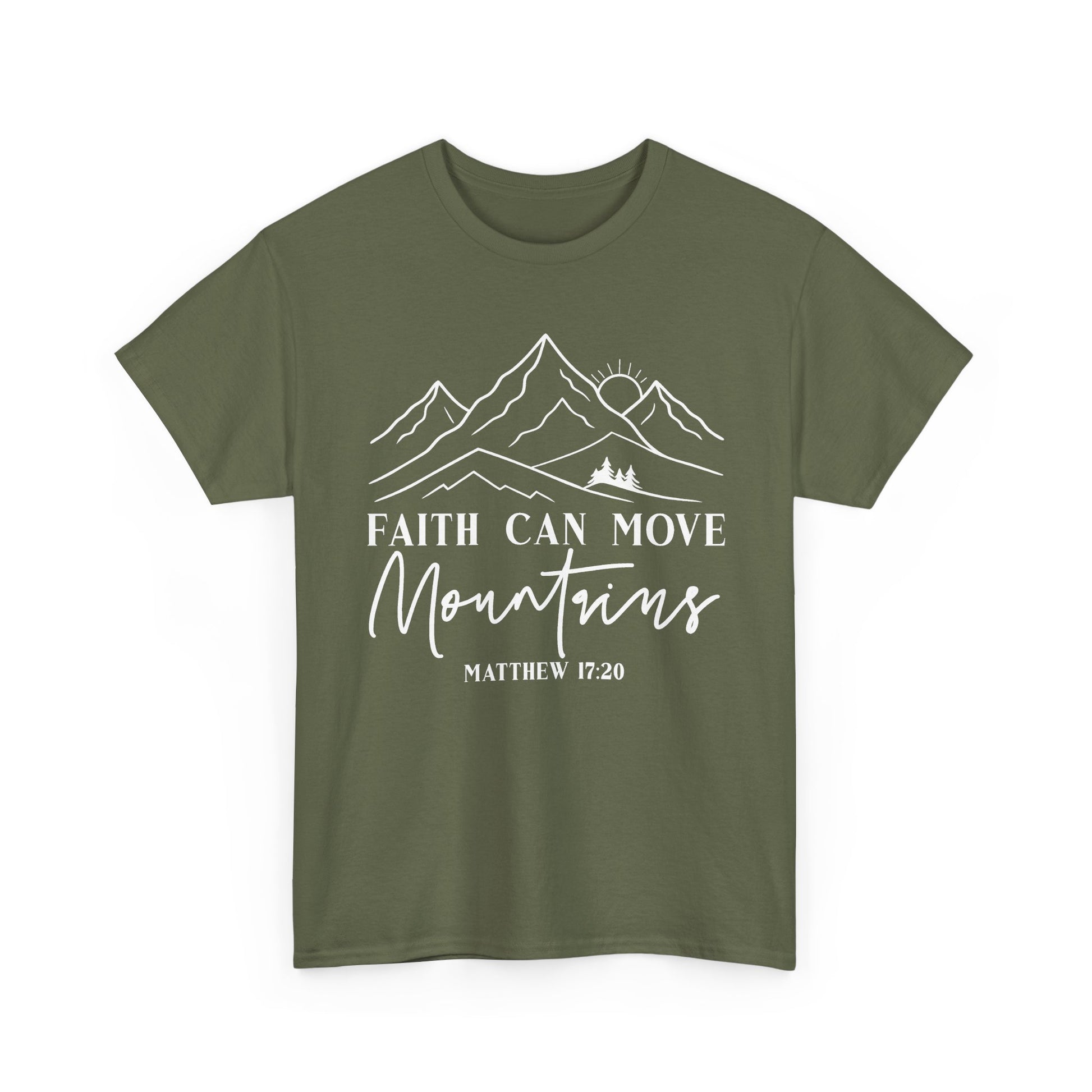 Military green Faith Can Move Mountains t-shirt with white mountain and sunrise line art