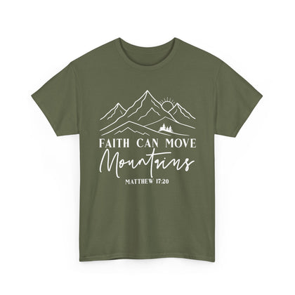 Military green Faith Can Move Mountains t-shirt with white mountain and sunrise line art