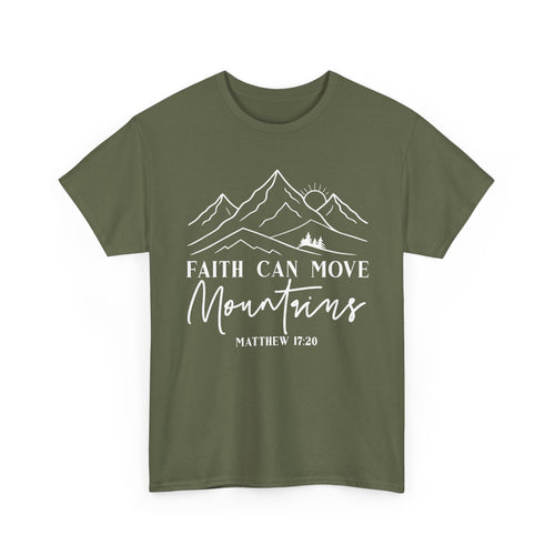 Military green Faith Can Move Mountains t-shirt with white mountain and sunrise line art