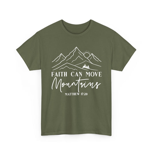Military green Faith Can Move Mountains t-shirt with white mountain and sunrise line art