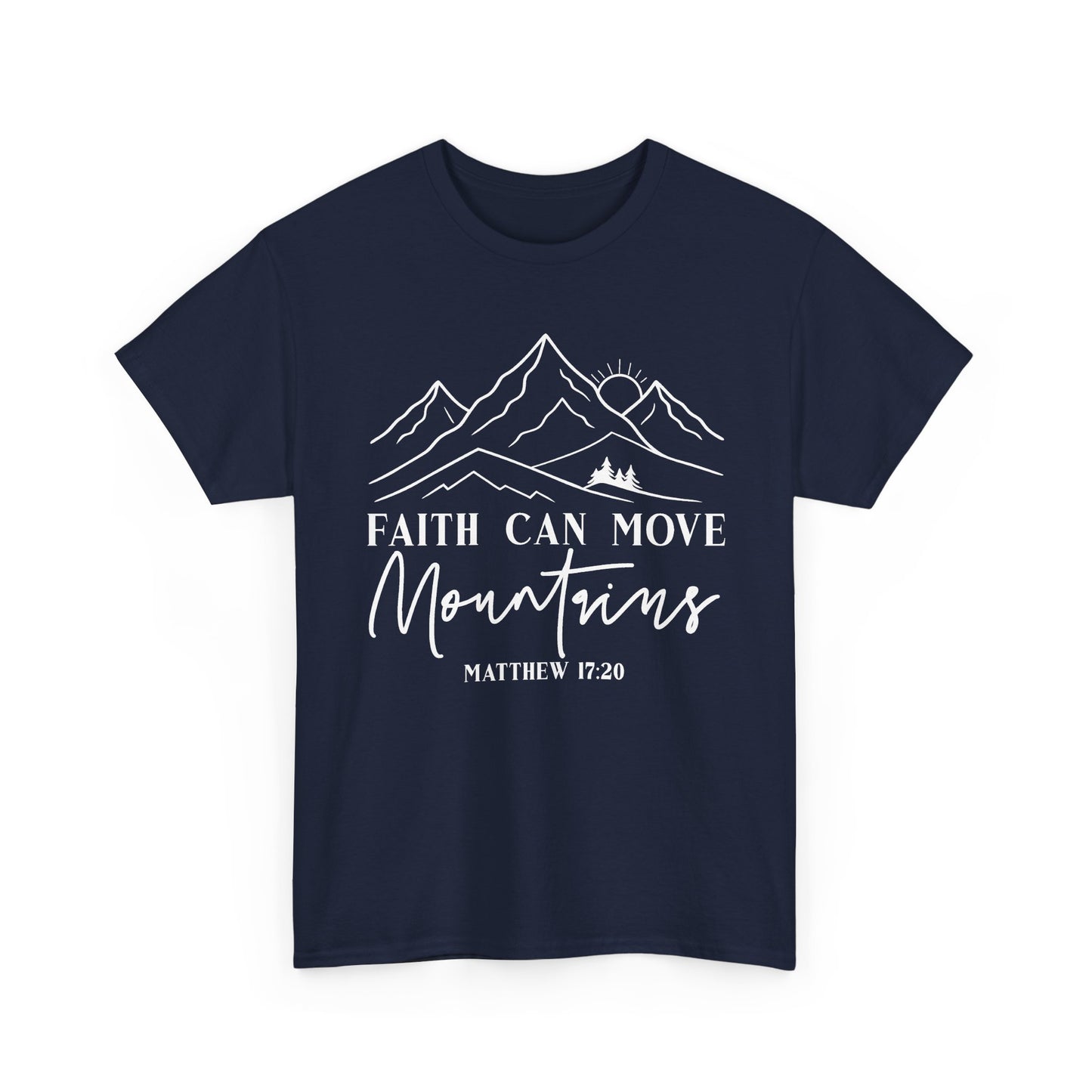Navy Faith Can Move Mountains t-shirt with white mountain and sunrise line art