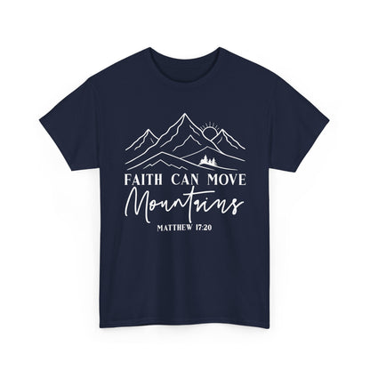 Navy Faith Can Move Mountains t-shirt with white mountain and sunrise line art
