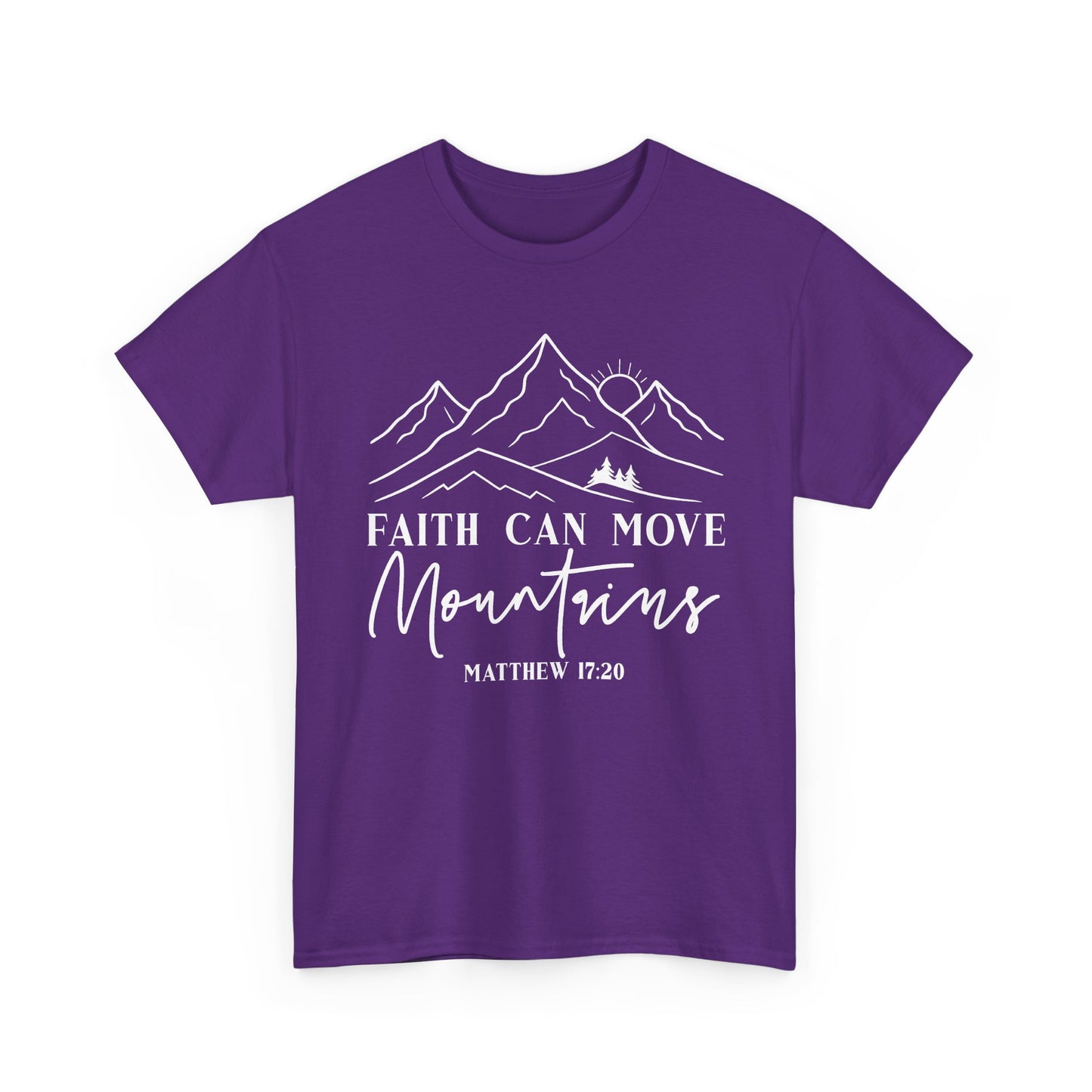 Purple Faith Can Move Mountains t-shirt with white mountain and sunrise line art