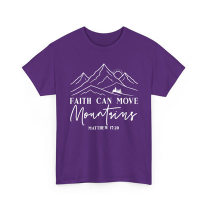 Purple Faith Can Move Mountains t-shirt with white mountain and sunrise line art