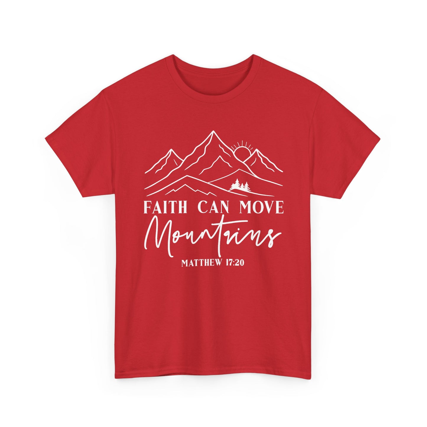Red Faith Can Move Mountains t-shirt with white mountain and sunrise line art