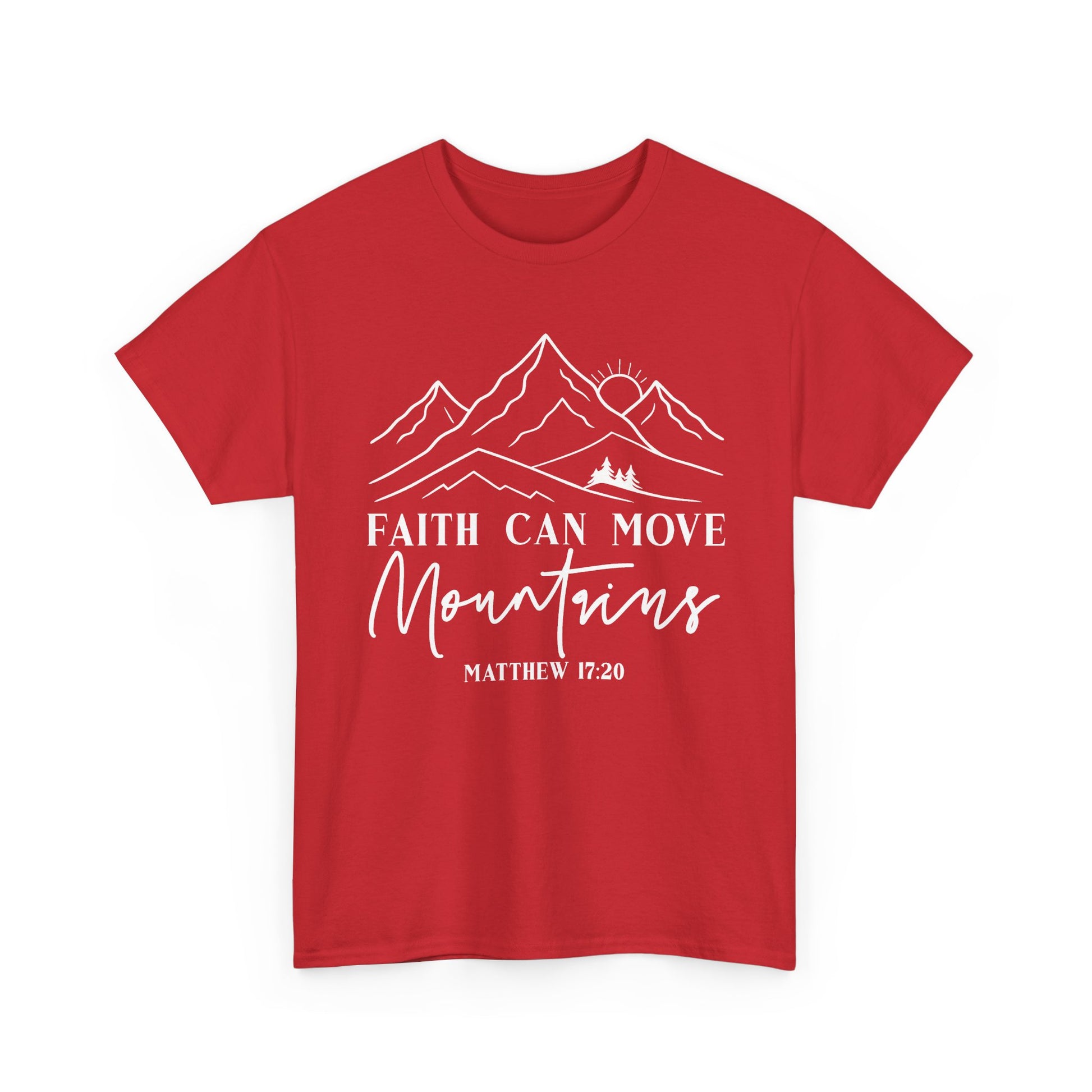 Red Faith Can Move Mountains t-shirt with white mountain and sunrise line art