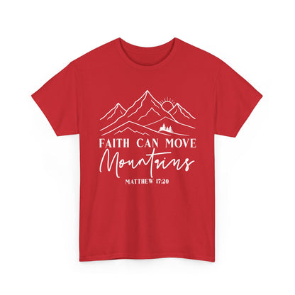 Red Faith Can Move Mountains t-shirt with white mountain and sunrise line art