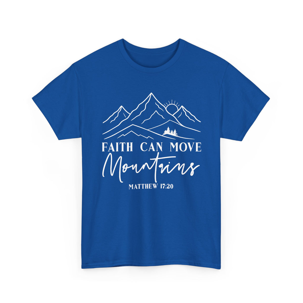 Royal blue Faith Can Move Mountains t-shirt with white mountain and sunrise line art