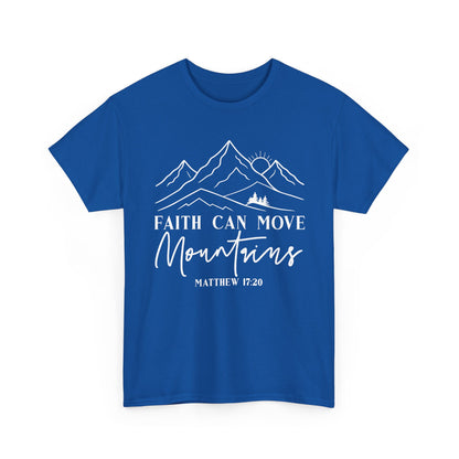 Royal blue Faith Can Move Mountains t-shirt with white mountain and sunrise line art