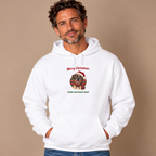 Man wearing the White Merry Christmas From The Great Dane Hoodie (fawn Great Dane) with jeans