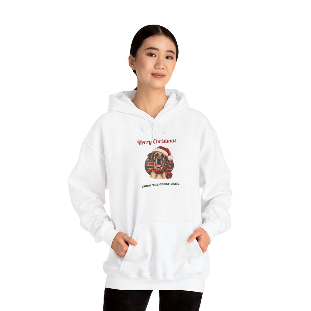 Model wearing the White Fawn Great Dane Christmas Hoodie