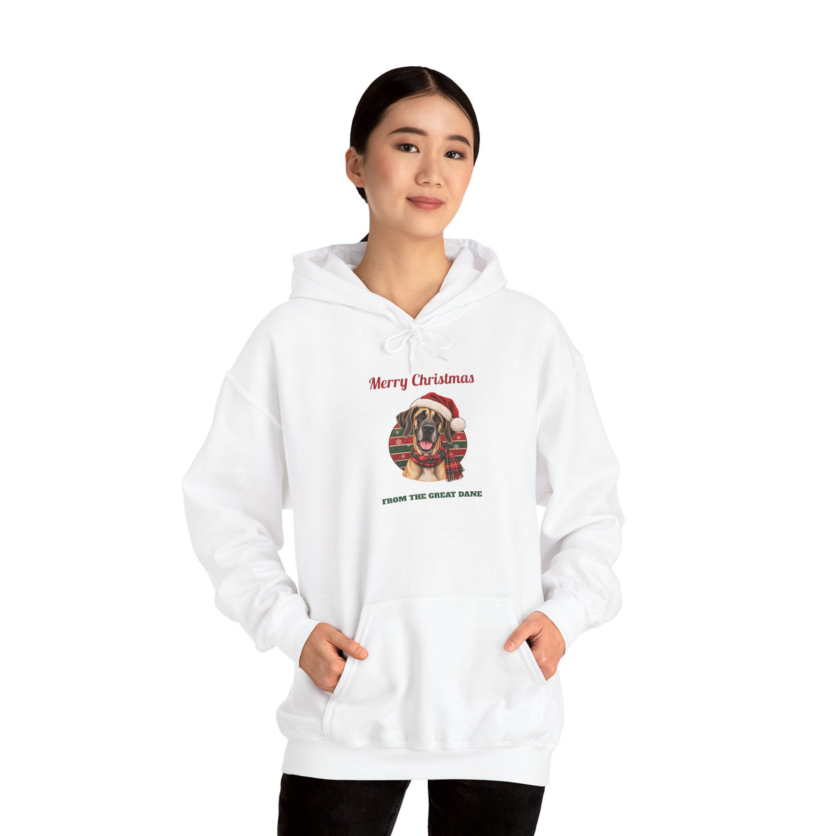 Model wearing the White Fawn Great Dane Christmas Hoodie