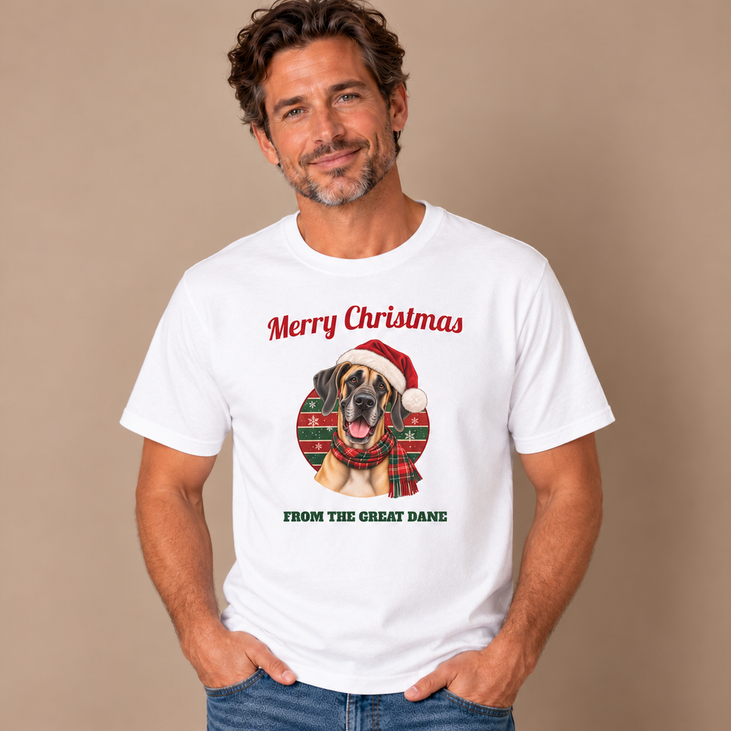 Man wearing the White Merry Christmas From The Great Dane T-Shirt (fawn Great Dane) with jeans