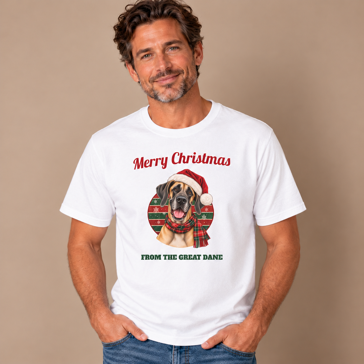 Man wearing the White Merry Christmas From The Great Dane T-Shirt (fawn Great Dane) with jeans