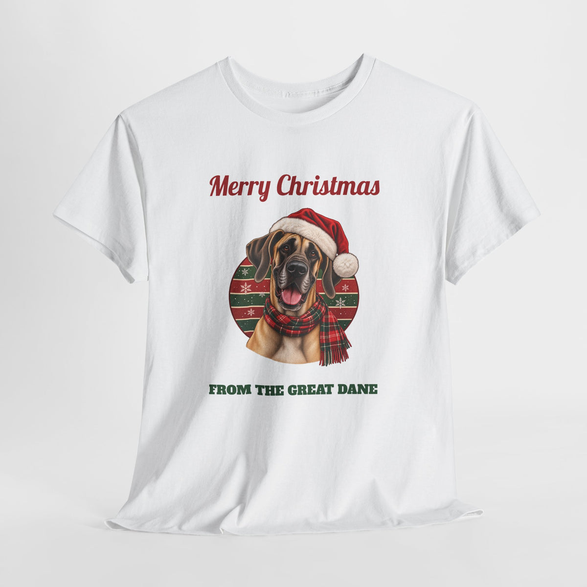 Fawn Great Dane Christmas T-Shirt in White, flat lay