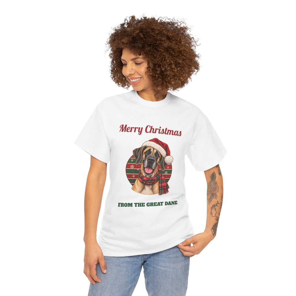 Model wearing the White Fawn Great Dane Christmas T-Shirt