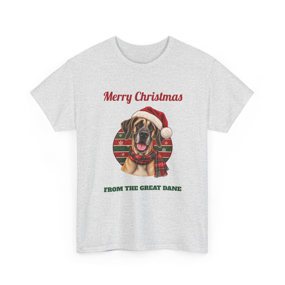 Ash Merry Christmas From The Great Dane t-shirt with a fawn Great Dane in a Santa hat, front view