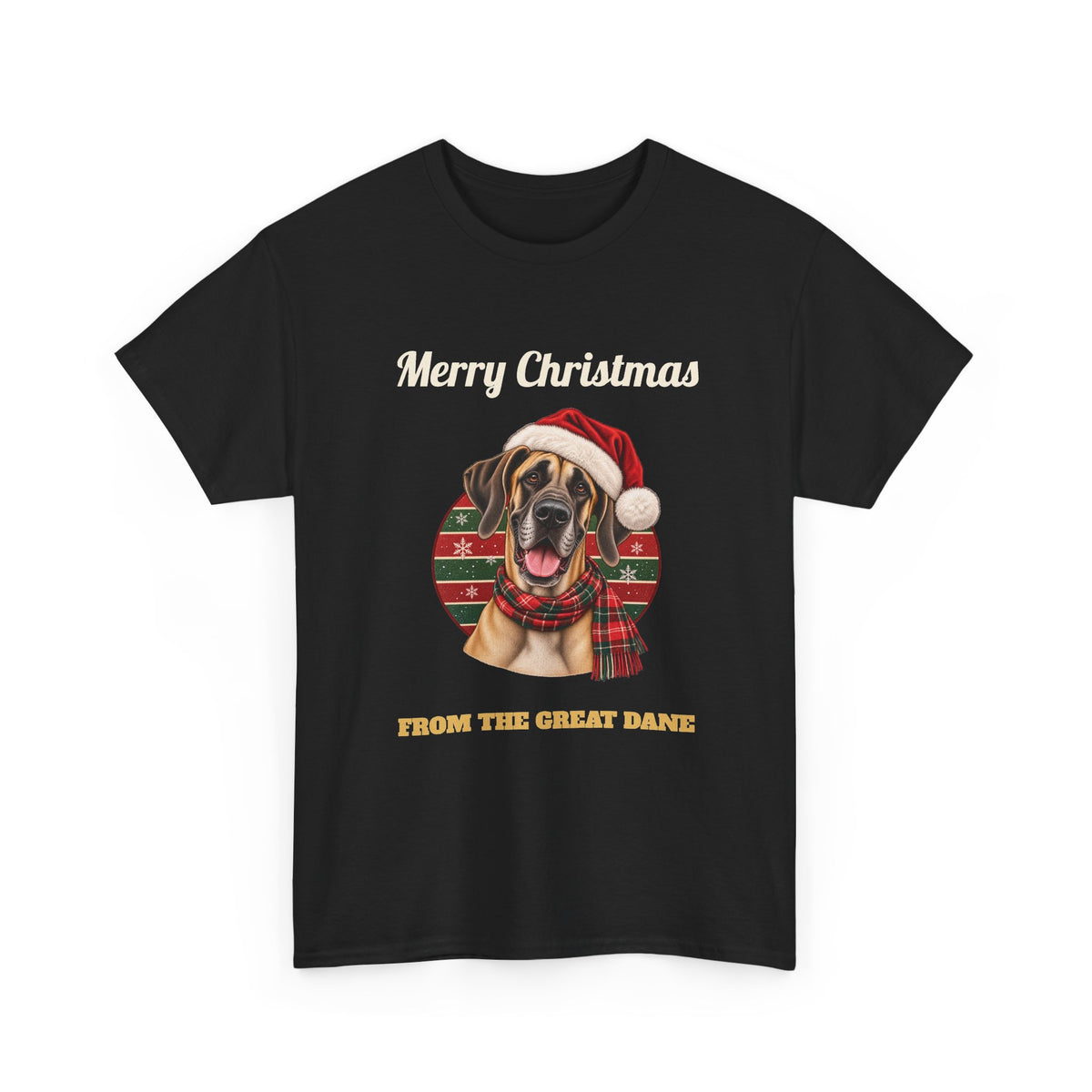 Black Merry Christmas From The Great Dane t-shirt with a fawn Great Dane in a Santa hat, front view