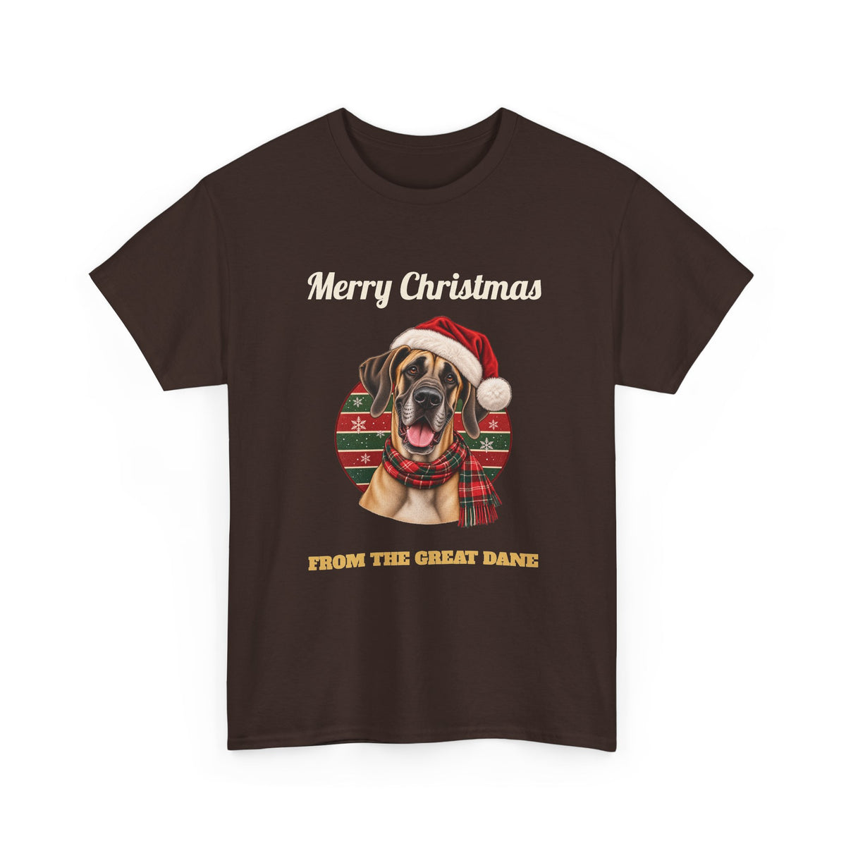 Dark Chocolate Merry Christmas From The Great Dane t-shirt with a fawn Great Dane in a Santa hat, front view