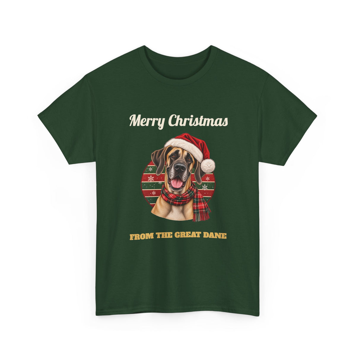 Forest Green Merry Christmas From The Great Dane t-shirt with a fawn Great Dane in a Santa hat, front view