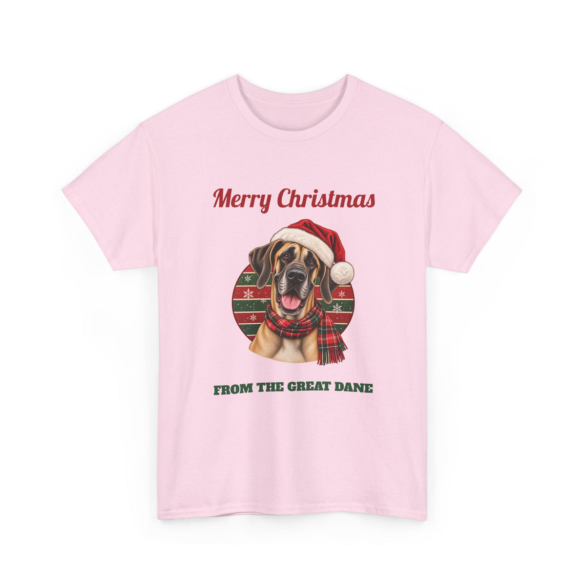 Light Pink Merry Christmas From The Great Dane t-shirt with a fawn Great Dane in a Santa hat, front view