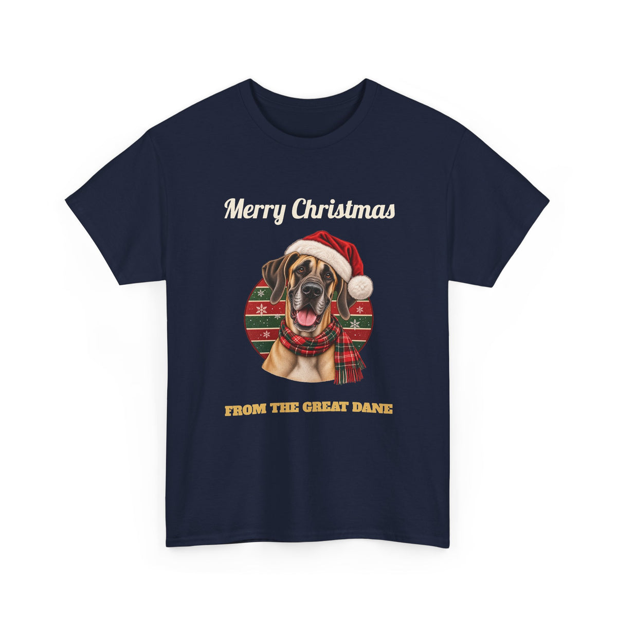 Navy Merry Christmas From The Great Dane t-shirt with a fawn Great Dane in a Santa hat, front view