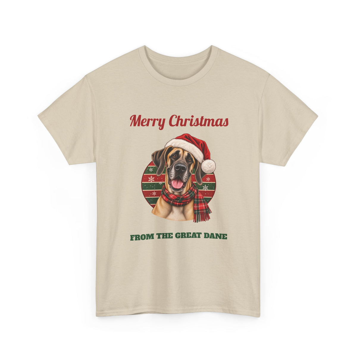 Sand Merry Christmas From The Great Dane t-shirt with a fawn Great Dane in a Santa hat, front view