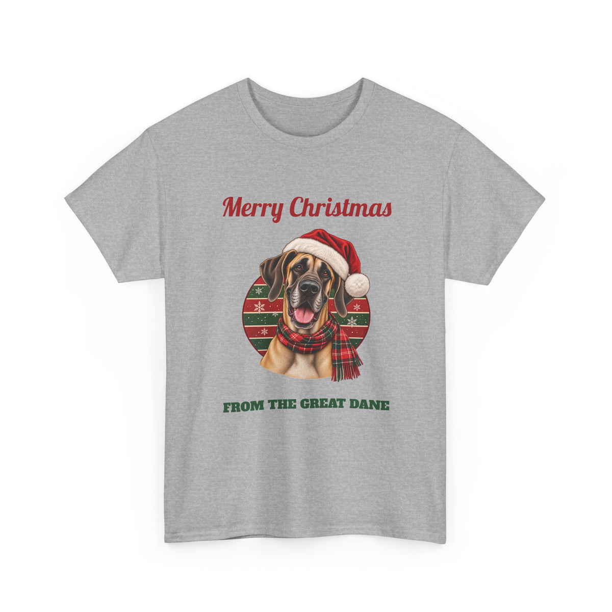 Sport Grey Merry Christmas From The Great Dane t-shirt with a fawn Great Dane in a Santa hat, front view