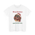 White Merry Christmas From The Great Dane t-shirt with a fawn Great Dane in a Santa hat, front view
