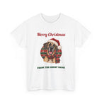 White Merry Christmas From The Great Dane t-shirt with a fawn Great Dane in a Santa hat, front view